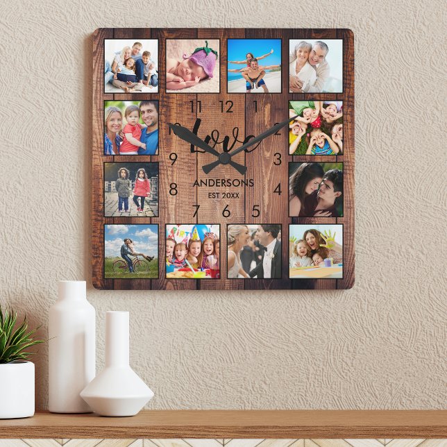 Horloge Carrée Photo de Custom Family Rustic Farmhouse Love Scrip (Créateur téléchargé)
