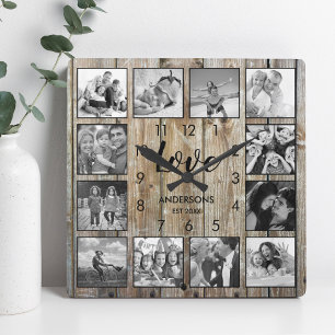 Horloge Carrée Photo de Custom Family Rustic Farmhouse Love Scrip