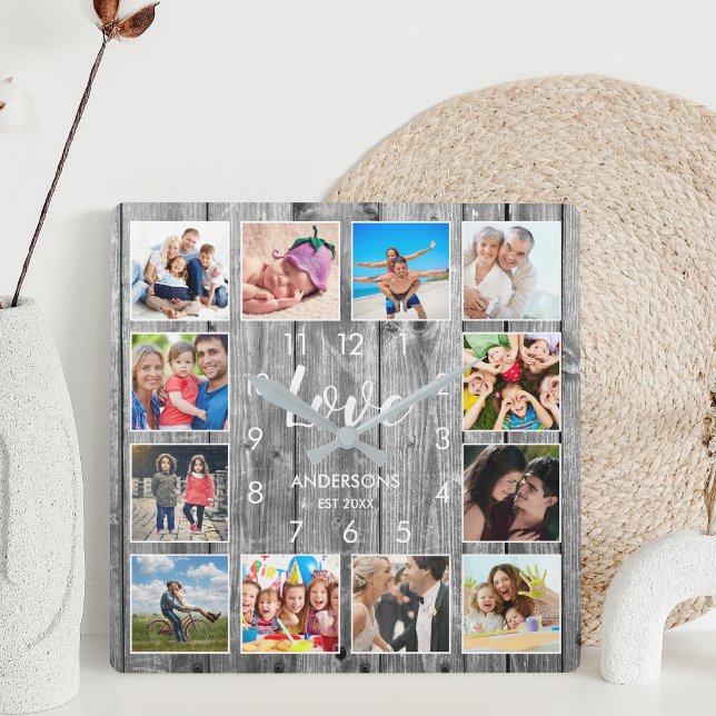 Horloge Carrée Photo de Custom Family Rustic Farmhouse Love Scrip (Créateur téléchargé)