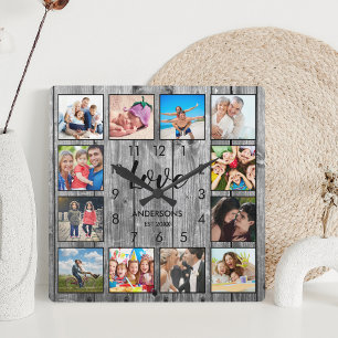 Horloge Carrée Photo de Custom Family Rustic Farmhouse Love Scrip