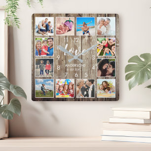 Horloge Carrée Photo de Custom Family Rustic Farmhouse Love Scrip