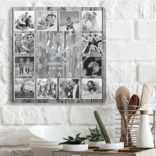 Horloge Carrée Photo de Custom Family Rustic Farmhouse Love Scrip
