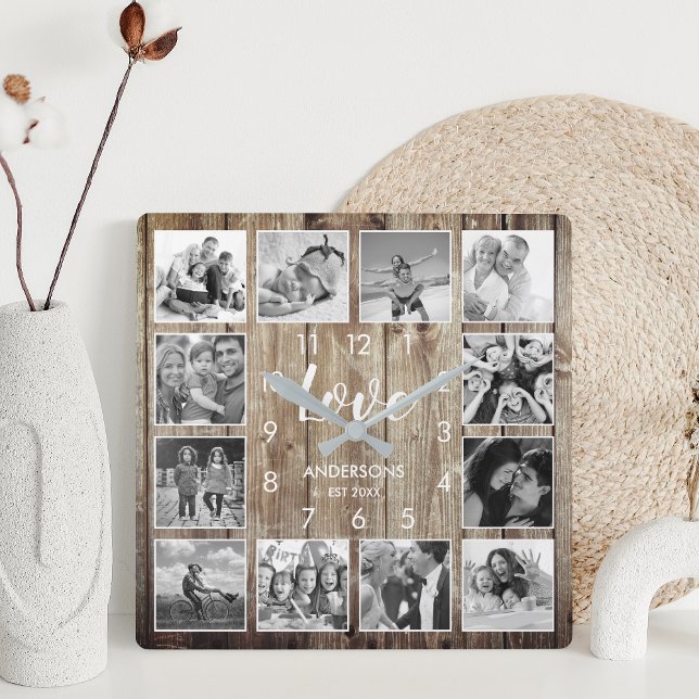 Horloge Carrée Photo de Custom Family Rustic Farmhouse Love Scrip (Créateur téléchargé)
