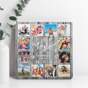 Horloge Carrée Photo de Custom Family Rustic Farmhouse Love Scrip