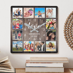 Horloge Carrée Photo de Custom Family Rustic Farmhouse Love Scrip