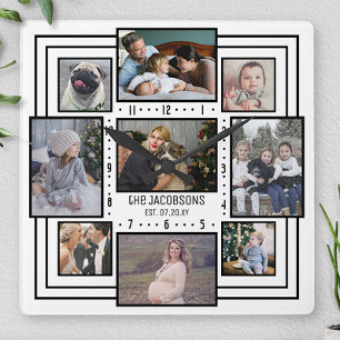 Horloge Carrée Photo de famille Collage 9 Photos Nom Blanc Stripe