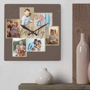 Horloge Carrée Photo de famille Collage du grain de bois Frontièr