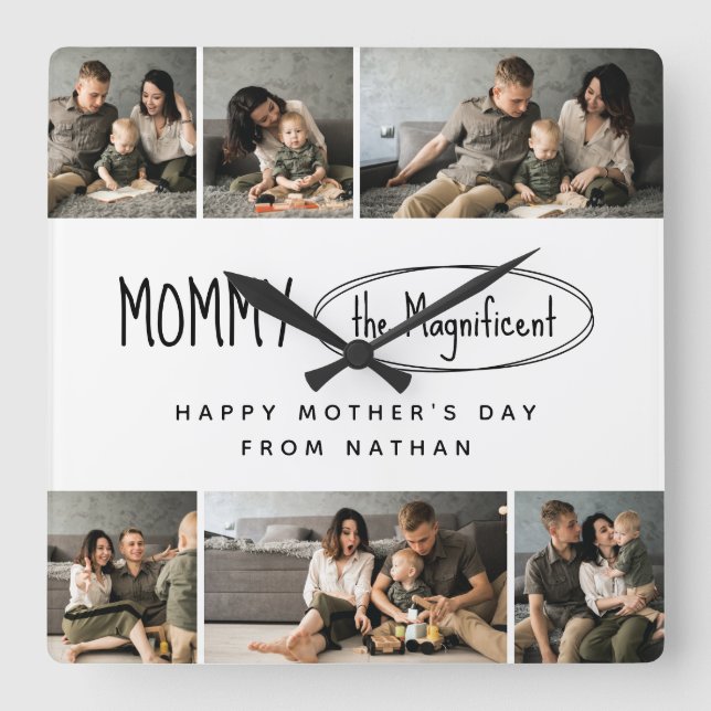 Horloge Carrée Photo de famille de la fête des mères personnalisé (Recto)