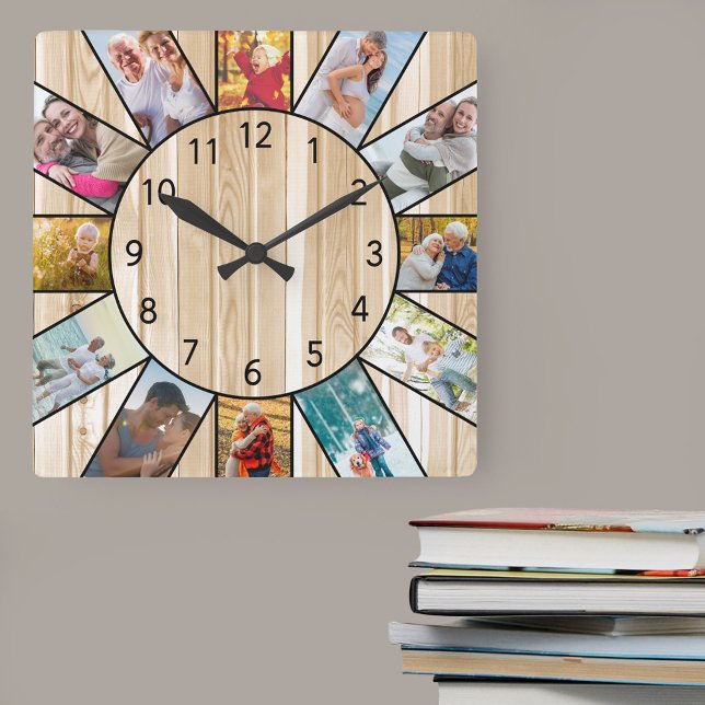Horloge Carrée Photo de famille personnalisée Collage Pine Wood (Photo clock with 12 photos, one at each hour. Great design for your home or a thoughtful photo gift.)