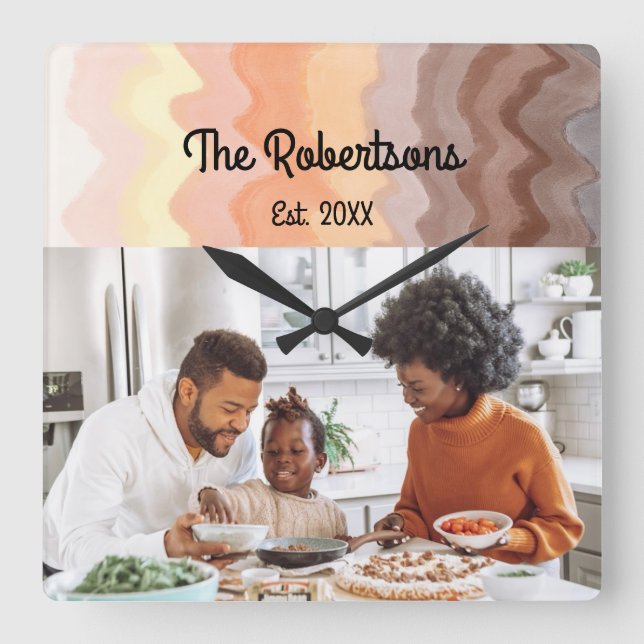 Horloge Carrée Photo de famille personnalisée saké rétro rayures  (Recto)