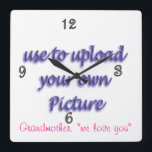 Horloge Carrée Photo de Family Clock-customize and personalize<br><div class="desc">Upload your own photo for any of many (implication, weddings, graduation, Christmas, mother's day, grandmother, maybe a favorite photo of a pet, or any fun time to capture a memory). Go to my DESIGN IT YOURSELF SECTION to see items for you to add your photos and make unique personalized toxits....</div>