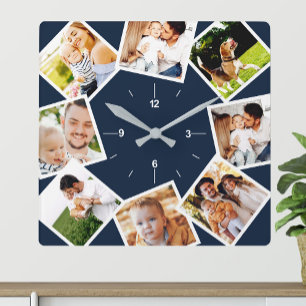 Horloge Carrée Photo de Family Collage Chic Blue et White
