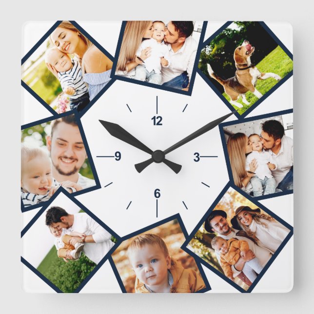 Horloge Carrée Photo de Family Collage Chic Blue et White (Recto)