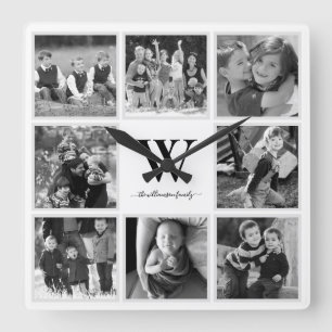 Horloge Carrée Photo de Family Collage Monogram Black and White