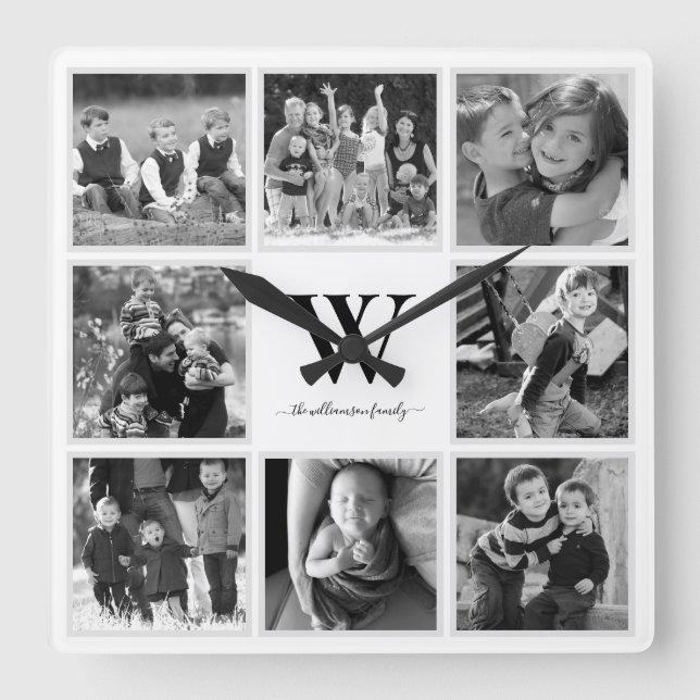 Horloge Carrée Photo de Family Collage Monogram Black and White (Recto)