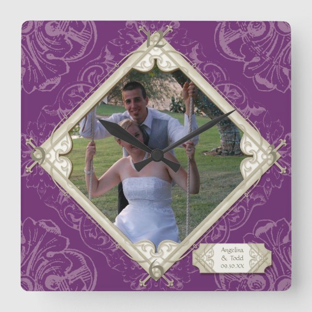 Horloge Carrée Photo de mariage de typographie de Flourish de rem (Recto)