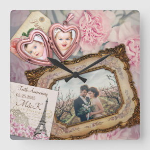 Horloge Carrée Photo de Wedding Anniversary Pink Heart Locket You