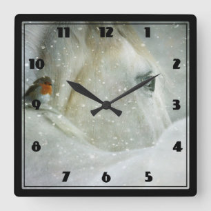 Horloge Carrée Photo de White Horse and Bird en hiver