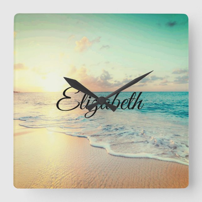 Horloge Carrée Photo d'une plage à Sunrise Lumbar Coussin (Recto)