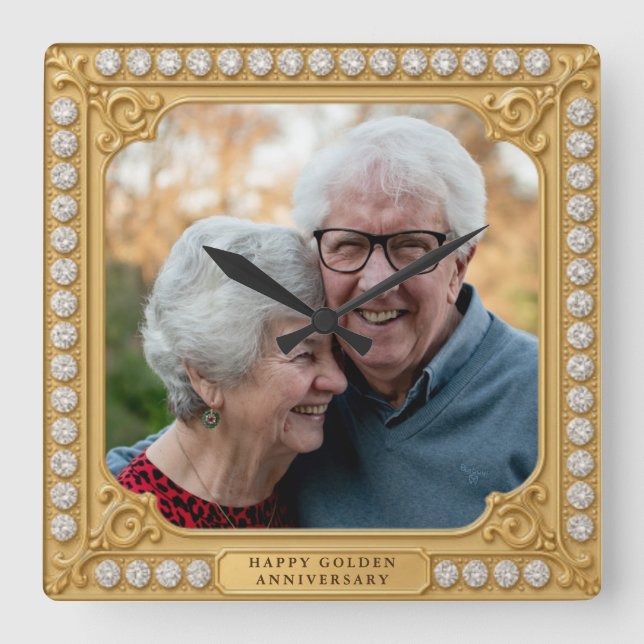 Horloge Carrée Photo élégant or et diamants 50e anniversaire (Recto)