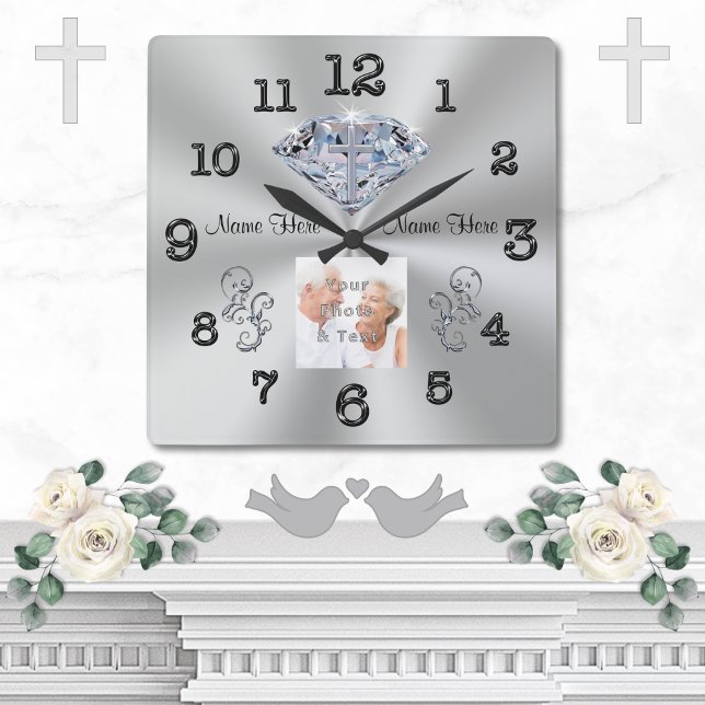 Horloge Carrée PHOTO et NAMES Croix dans les cadeaux de l'anniver (Diamond Anniversary Clock. 10 year wedding anniversary gifts. Christian, 60th anniversary gift ideas)