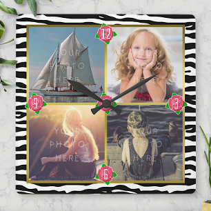 Horloge Carrée Photo Family Add 4 Custom Pictures   Zebra Roses