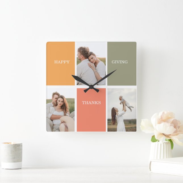 Horloge Carrée Photo Family Collage moderne | Happy Thanksgiving (Maison)