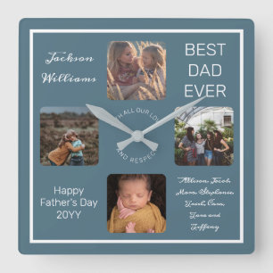 Horloge Carrée Photo Fathers Day Best Dad Ever Blue Four