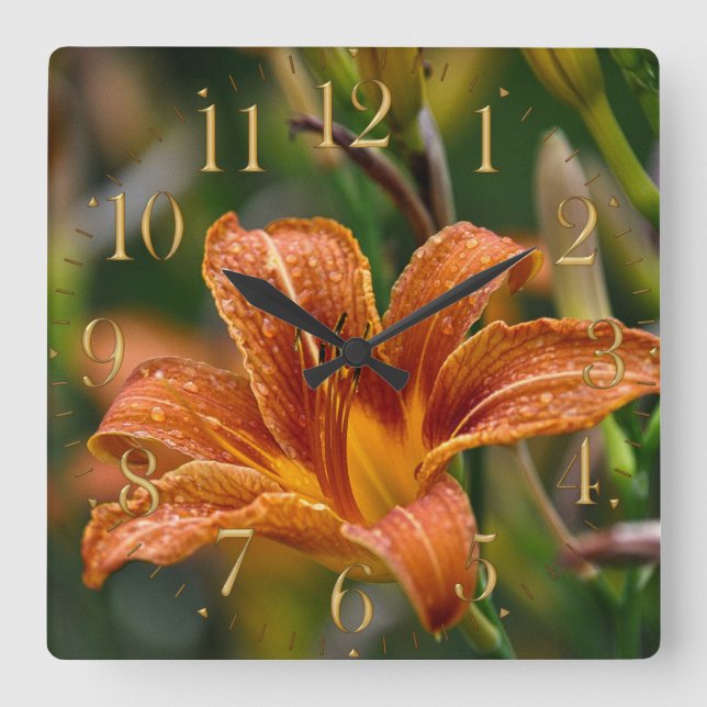Horloge Carrée Photo Orange Daylily & Raindrops Flower (Recto)