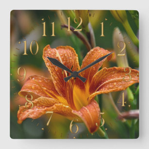Horloge Carrée Photo Orange Daylily & Raindrops Flower