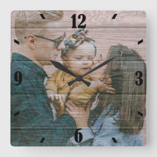 Horloge Carrée Photo personnalisé avec effet de bois rustique
