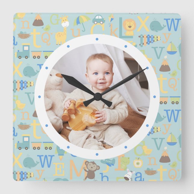 Horloge Carrée Photo personnalisée Garçon moderne bébé Nursery pe (Recto)