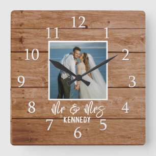 Horloge Carrée Photo personnalisée Mariage Anniversaire Bois M. &