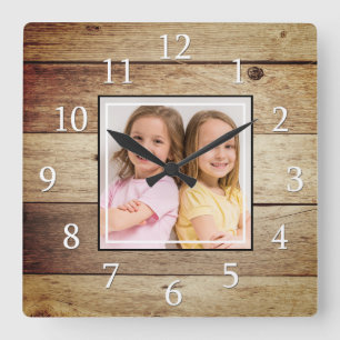 Horloge Carrée Photo personnalisée Rustic Récupéré Bois Ferme