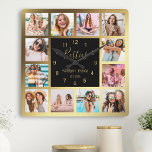 Horloge Carrée Photo personnelle de Collage Bête noire d'or<br><div class="desc">Make this trendy elegant black and gold photo collage wall clock unique with 12 of your favorite photos with your best friend(s). Donc le design est moderne avec le scries,  your names and the date you met.</div>
