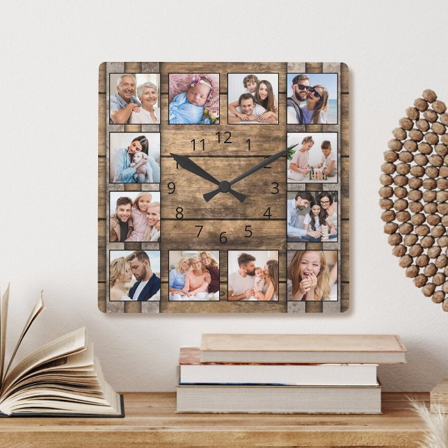 Horloge Carrée Photo personnelle de Collage Rustic Wood Wine Barr (Créateur téléchargé)