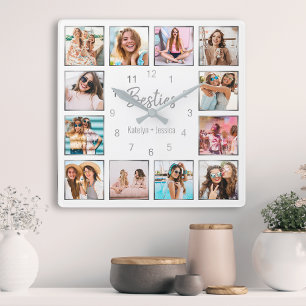 Horloge Carrée Photo personnelle de Collage White Silver Friendsh