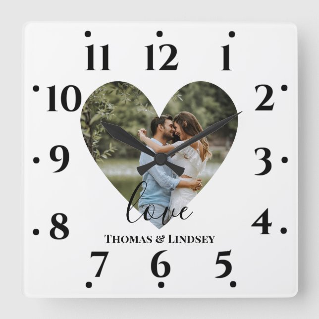 Horloge Carrée Photo personnelle Heart Frame Modern Calligraph (Recto)