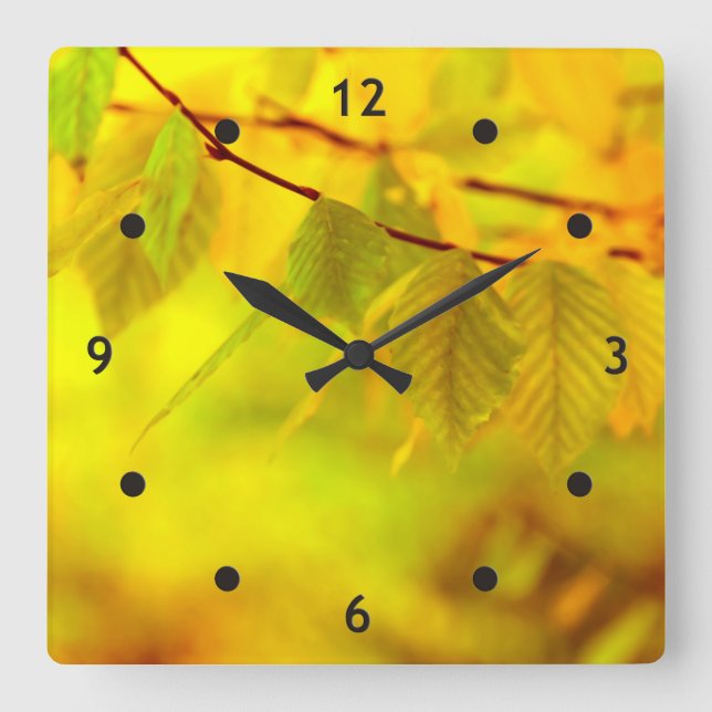 Horloge Carrée Photographie - feuilles de hêtre d'automne + vos i (Recto)