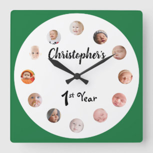 Horloge Carrée Photos de bébé de 12 mois vert personnalisé