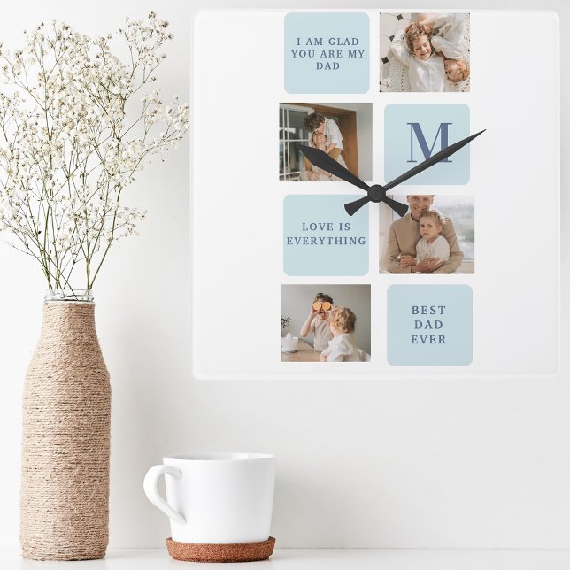 Horloge Carrée Photos de Collage moderne Bleu Meilleurs Pères Cad (Créateur téléchargé)