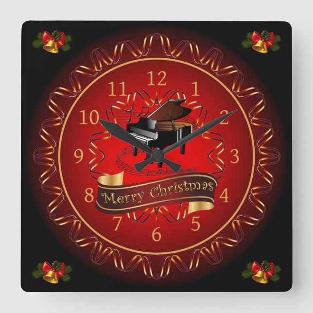 Horloge Carrée Piano ~ Joyeux Noël ~ Maroon & Noir ~ (Recto)