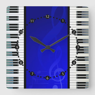 Horloge Carrée Piano Keys with Blue Effect Musical Notes