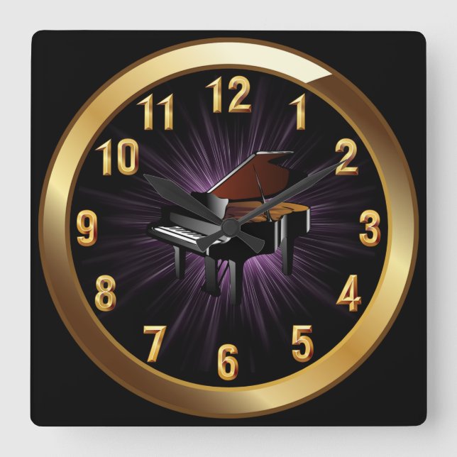Horloge Carrée Piano ~ Noir Classy Gold & Violet Arrière - plan b (Recto)