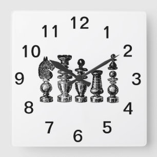 Horloge Carrée Pièces de jeu d'échecs Art vintage