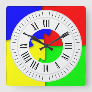 Horloge Carrée Pièces de puzzle colorées Heures romaines, minutes