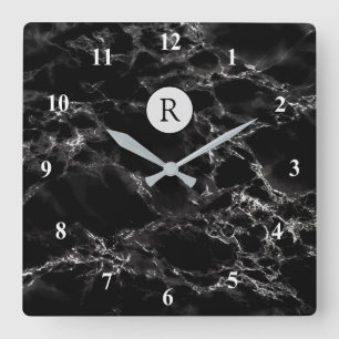 Horloge Carrée Pierre en marbre noir tendance - Ajouter une lettr