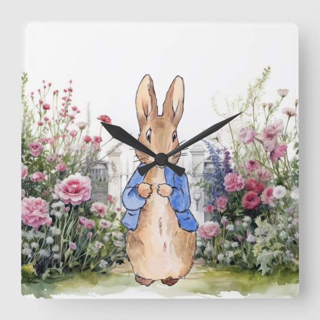 Horloge Carrée Pierre le lapin dans son jardin No 2 (Recto)
