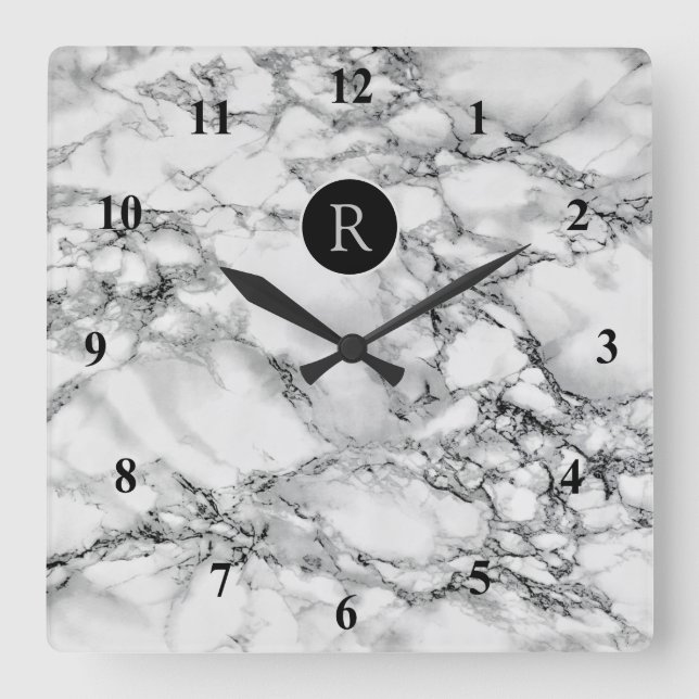Horloge Carrée Pierre Marbre blanc tendance - Ajouter une lettre  (Recto)