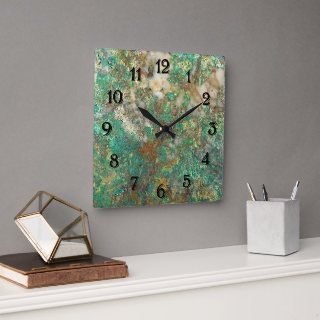 Horloge Carrée Pierre minérale verte avec chiffres noirs (Bureau)